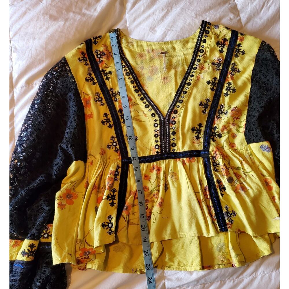 Free People Boogie All Night Yellow Boho Embellished Floral Blouse - Picture 6 of 8